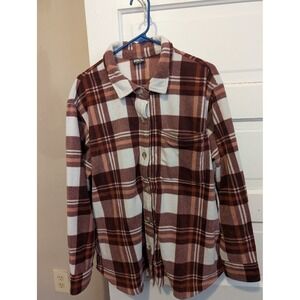 Eddie Bauer Womens XL Microfleece Button Up Shirt Plaid Burgundy White 1724429